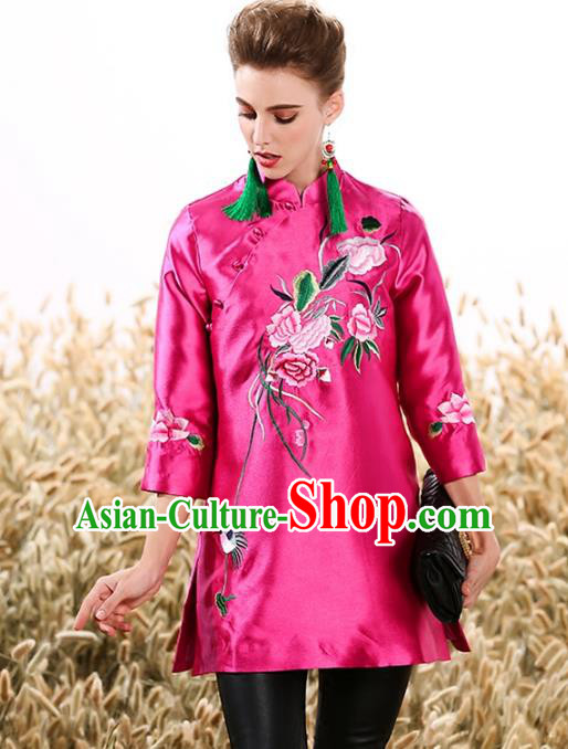 Chinese National Costume Tang Suit Pink Shirts Traditional Embroidered Peony Blouse for Women