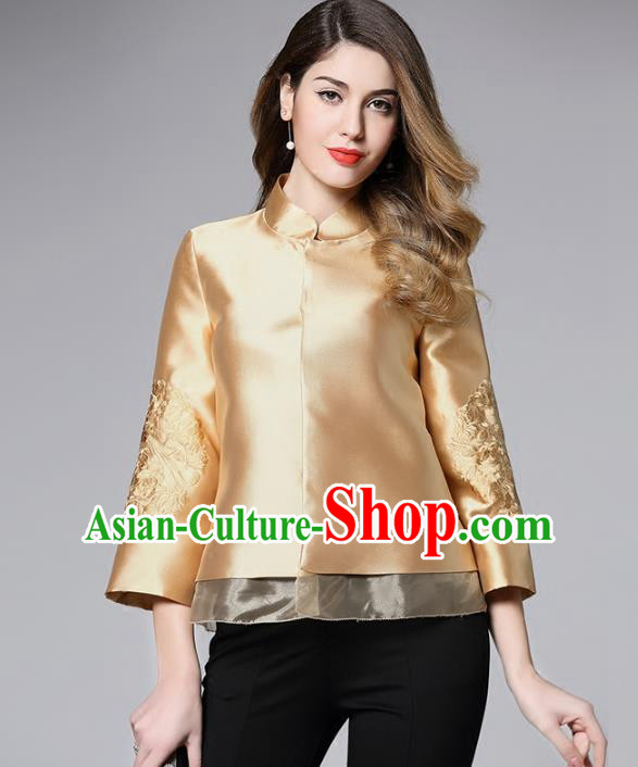 Chinese National Costume Tang Suit Golden Shirts Traditional Embroidered Blouse for Women