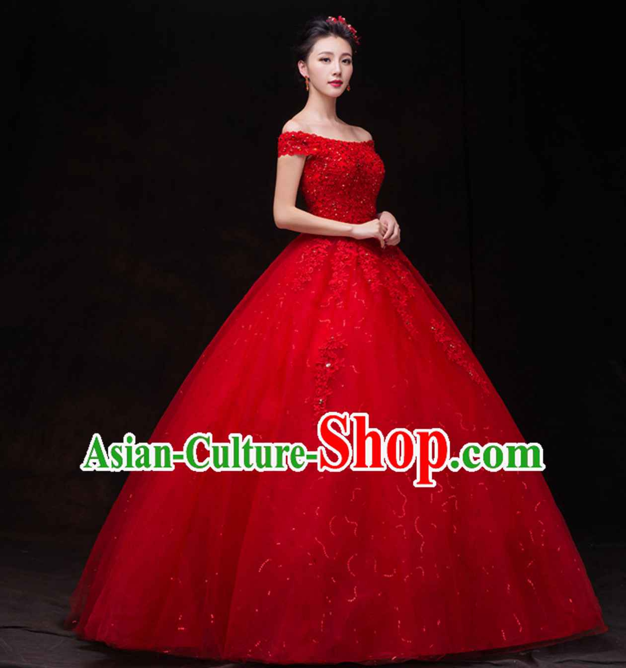 Top Classical Lucky Red Romantic Princess Wedding Dress Evening Dresses