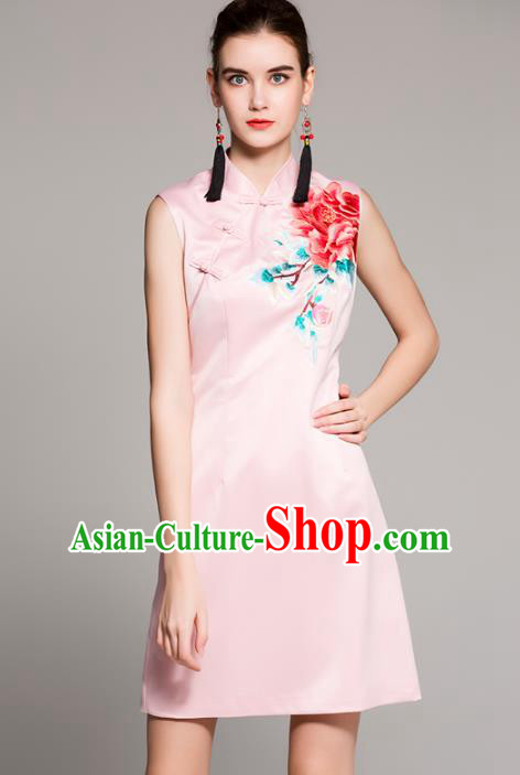 Chinese National Costume Tang Suit Pink Qipao Dress Traditional Embroidered Peony Cheongsam for Women