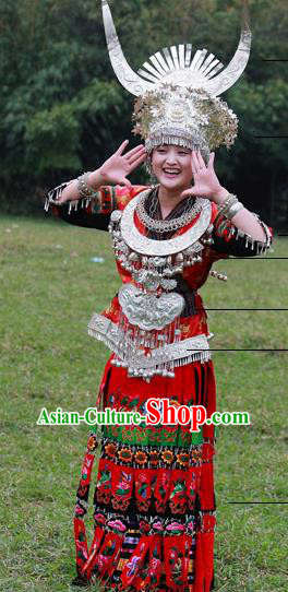 Traditional Chinese Miao Minority Nationality Wedding Costume Hmong Bride Folk Dance Red Dress for Women