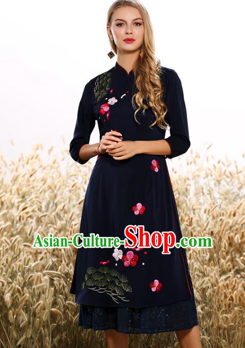 Chinese National Costume Tang Suit Navy Qipao Dress Traditional Embroidered Peach Blossom Cheongsam for Women