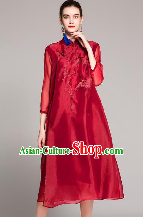 Chinese National Costume Tang Suit Red Qipao Dress Traditional Embroidered Cranes Cheongsam for Women