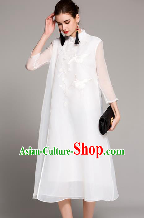 Chinese National Costume Tang Suit White Qipao Dress Traditional Embroidered Cranes Cheongsam for Women