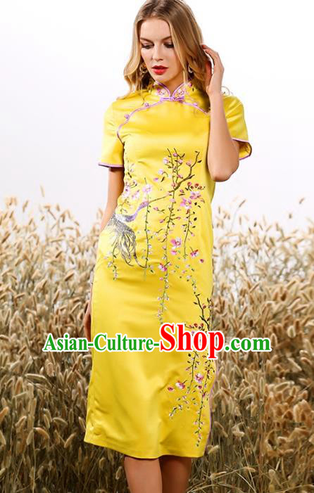 Chinese National Costume Tang Suit Yellow Qipao Dress Traditional Embroidered Cheongsam for Women