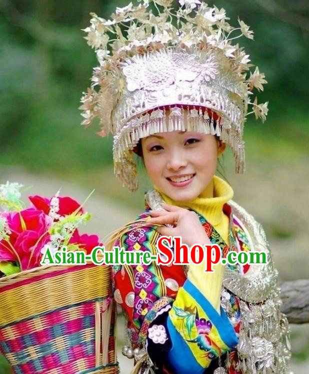 Traditional Chinese Miao Nationality Tassel Phoenix Coronet Hats Hair Accessories Sliver Crown Headwear for Women