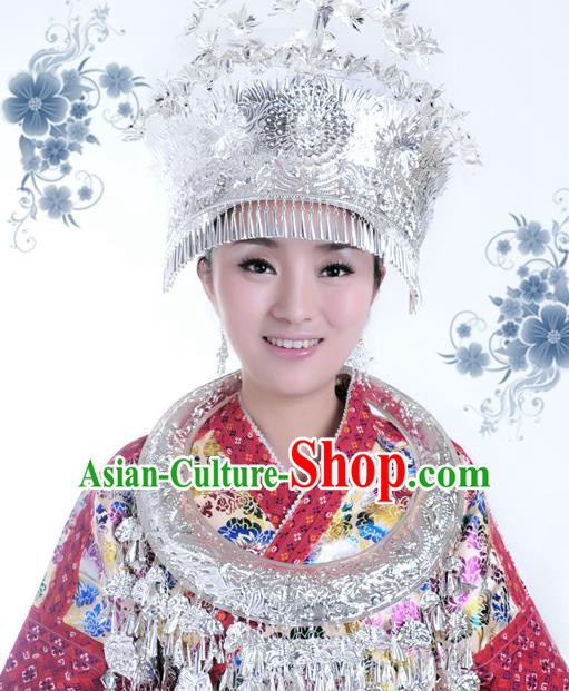 Traditional Chinese Miao Nationality Tassel Hats Phoenix Coronet Hair Accessories Sliver Crown Headwear for Women