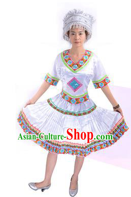 Traditional Chinese Miao Nationality Costume China Hmong Ethnic Minority White Dress for Women