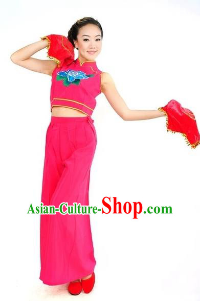 Traditional Chinese Classical Dance Yangge Fan Dancing Rosy Costume, Folk Dance Uniform Yangko Costume for Women