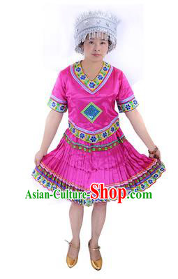 Traditional Chinese Miao Nationality Costume China Hmong Ethnic Minority Rosy Dress for Women