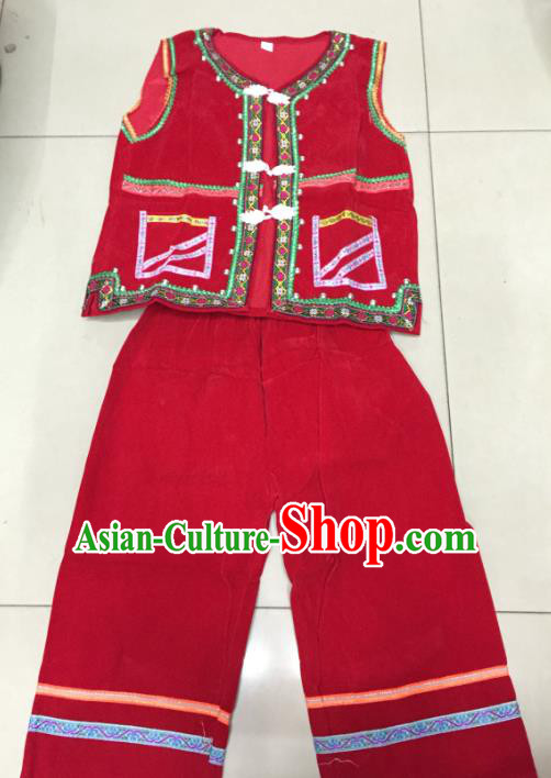 Traditional Chinese Yi Nationality Red Costume, Folk Dance Yi Ethnic Dance Clothing for Kids