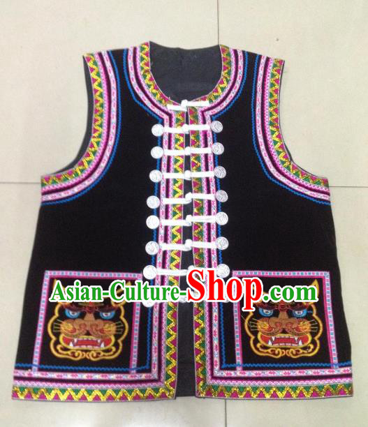 Traditional Chinese Bai Nationality Costume Ethnic Folk Dance Clothing Embroidered Black Vests for Men