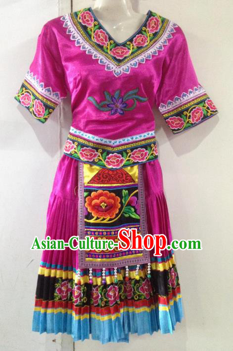 Traditional Chinese Yi Nationality Minority Dance Rosy Dress, Female Folk Dance Yi Ethnic Clothing for Women