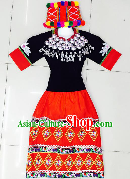 Traditional Chinese Jingpo Nationality Dance Costume Folk Dance Ethnic Clothing for Women