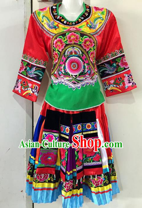 Traditional Chinese Hani Nationality Dance Embroidered Costume Folk Dance Ethnic Red Dress Clothing for Women