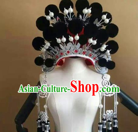 Traditional Chinese Beijing Opera Diva Black Venonat Phoenix Coronet Peking Opera Actress Hats Headwear