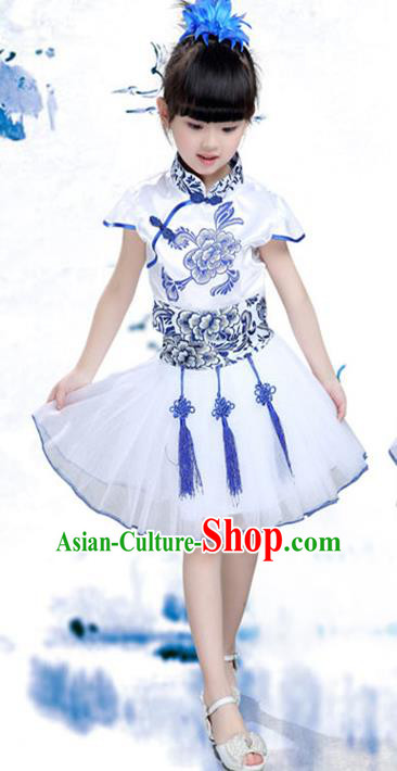 Traditional Chinese Classical Dance Yangko Costume, Children Folk Dance Chorus Blue Dress for Kids