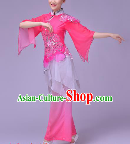 Traditional Chinese Folk Dance Fan Dance Pink Costume, Chinese Yangko Drum Dance Clothing for Women