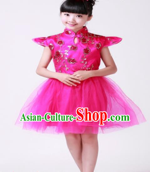 Top Grade Modern Dance Costume Stage Performance Compere Chorus Rosy Bubble Dress for Kids