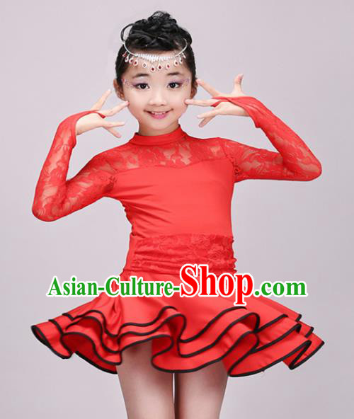 Top Grade Modern Dance Costume Stage Performance Latin Dance Red Bubble Dress for Kids