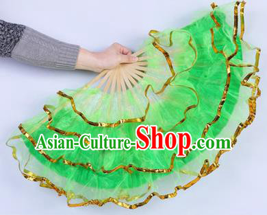 Chinese Folk Dance Props Accessories Stage Performance Yangko Green Folding Fans for Women