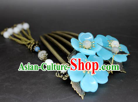 Chinese Ancient Handmade Hair Accessories Hairpins Classical Hanfu Blue Flowers Tassel Hair Comb for Women