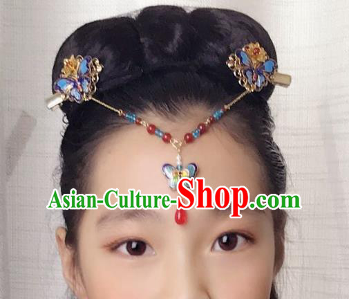 Chinese Ancient Handmade Hair Accessories Blueing Hair Clasp Classical Hanfu Butterfly Frontlet Hairpins for Women