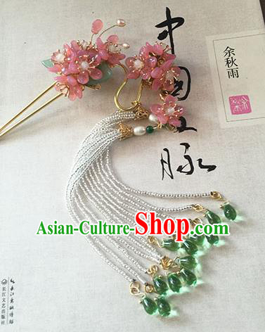 Chinese Handmade Ancient Pink Flowers Hairpins Hair Accessories Classical Hanfu Tassel Step Shake for Women