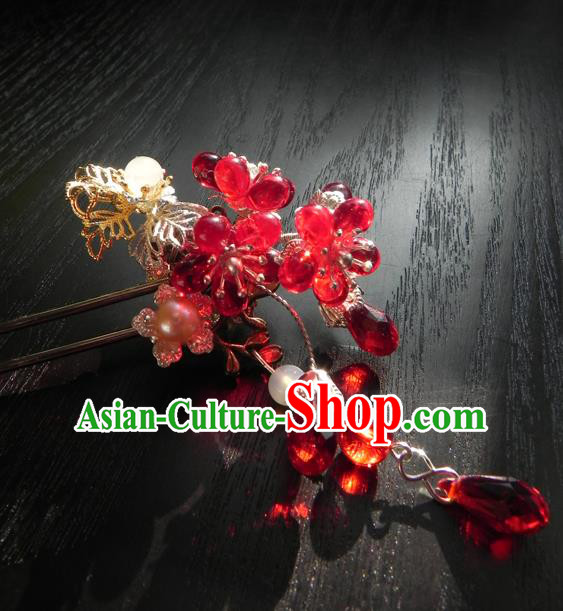 Chinese Handmade Ancient Hanfu Red Crystal Hairpins Hair Accessories Classical Hair Clip for Women