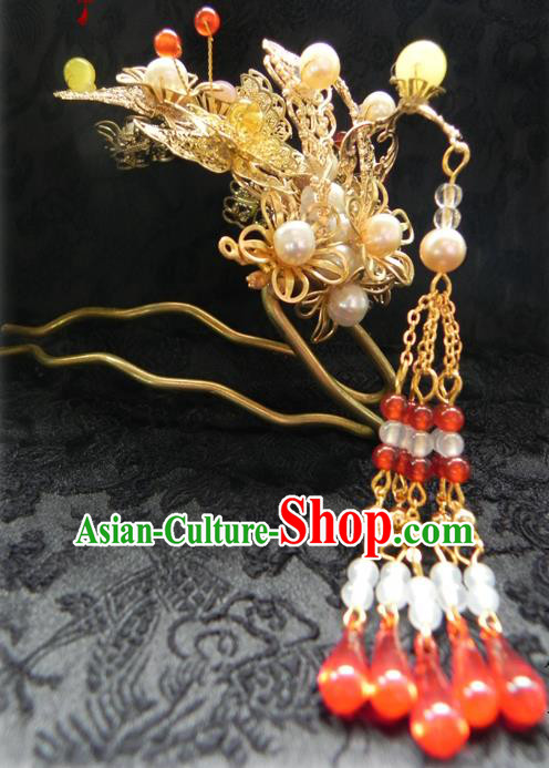 Chinese Handmade Ancient Red Beads Tassel Hairpins Hair Clip Classical Hanfu Hair Accessories for Women