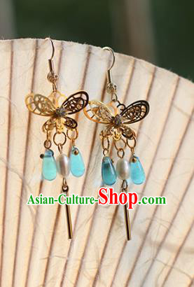 Chinese Handmade Ancient Jewelry Accessories Golden Eardrop Hanfu Butterfly Earrings for Women