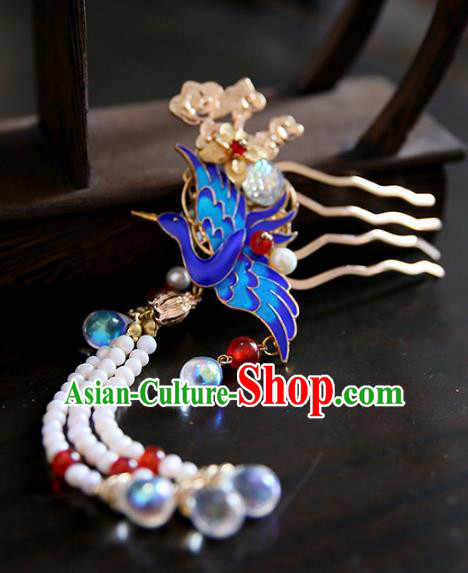 Chinese Ancient Handmade Hanfu Classical Tassel Hairpins Palace Lady Blueing Hair Comb Hair Accessories for Women