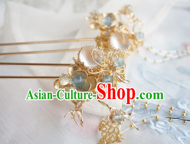 Chinese Ancient Handmade Hanfu Golden Flowers Hairpins Hair Accessories Tassel Step Shake for Women