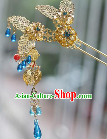 Chinese Ancient Hanfu Handmade Golden Leaf Hairpins Tassel Hair Clip Hair Accessories for Women