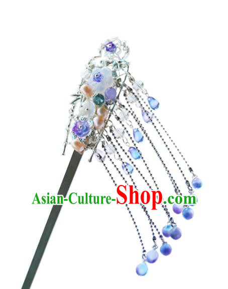 Chinese Ancient Hanfu Handmade Hairpins Blue Beads Tassel Hair Clip Hair Accessories for Women