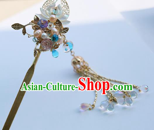 Chinese Ancient Hanfu Handmade Tassel Lotus Hairpins Hair Clip Step Shake Hair Accessories for Women