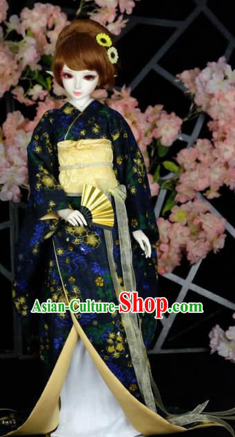 Traditional Asian Japan Costume Japanese Courtesan Iromuji Kimono Deep Blue Vibration Sleeve Kimono Clothing for Women