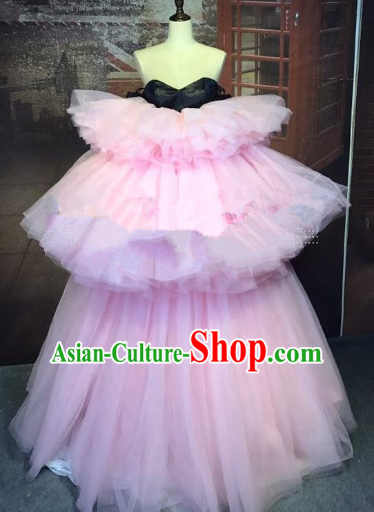Top Grade Stage Performance Catwalks Costume Wedding Full Dress Pink Veil Bubble Dress for Women