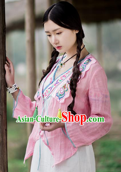 Traditional China National Costume Linen Blouse Chinese Tang Suit Embroidered Pink Cardigan for Women