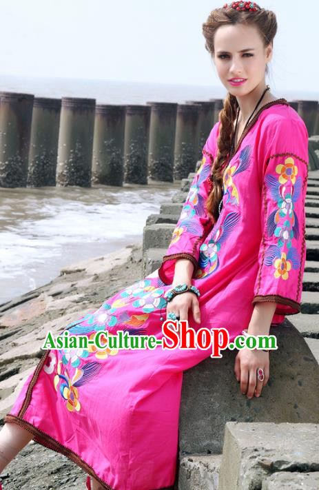 Traditional China National Costume Pink Dress Chinese Tang Suit Embroidered Dresses for Women