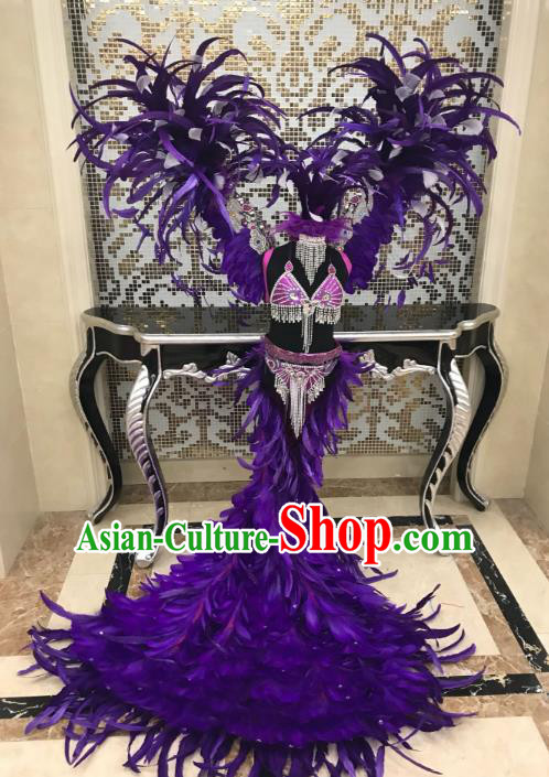Top Grade Children Stage Performance Costume Modern Dance Catwalks Swimsuit and Purple Feather Wings for Kids