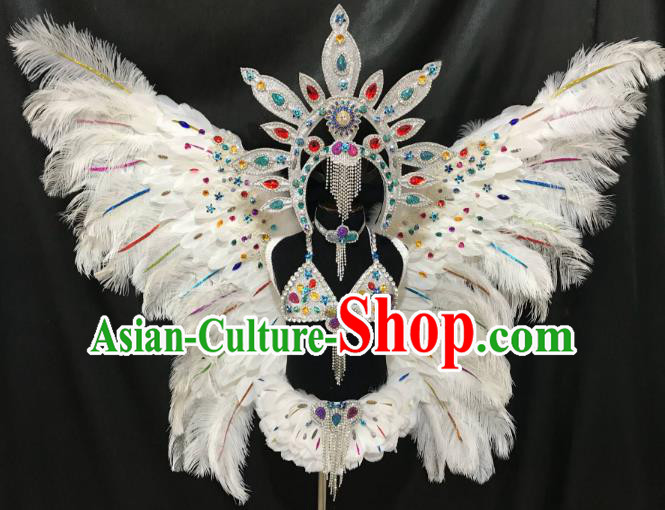 Top Grade Children Stage Performance Costume Catwalks White Butterfly Feather Wings Bikini and Headwear for Kids