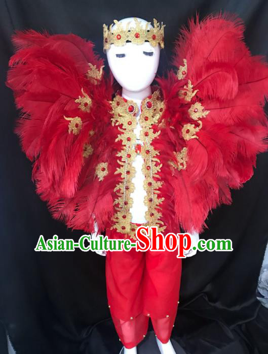 Top Grade Children Stage Performance Costume Catwalks Modern Dance Red Feather Clothing and Headwear for Kids