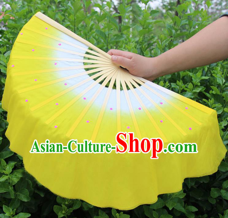 Top Grade Chinese Folk Dance Folding Fans Dance Fans Yangko Yellow Silk Fans for Women