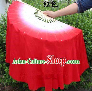 Top Grade Chinese Folk Dance Folding Fans Yangko Dance Red Silk Ribbon Fan for Women