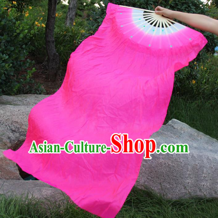 Top Grade Chinese Folk Dance Rosy Folding Fans Yangko Dance Silk Long Ribbon Fan for Women
