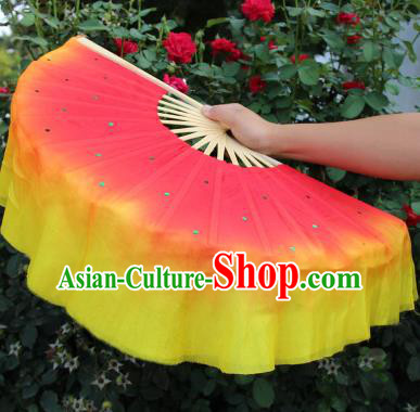 Chinese Handmade Folk Dance Folding Fans Yangko Dance Red and Yellow Silk Ribbon Fan for Women
