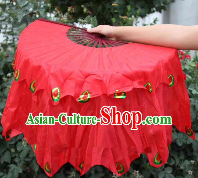 Chinese Handmade Folk Dance Peacock Folding Fans Yangko Dance Red Silk Ribbon Fan for Women
