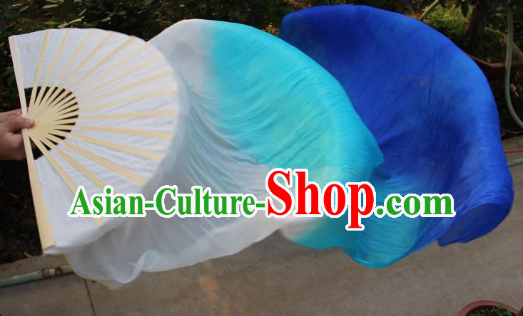 Chinese Handmade Folk Dance Folding Fans Yangko Dance Gradient Blue Silk Ribbon Fan for Women