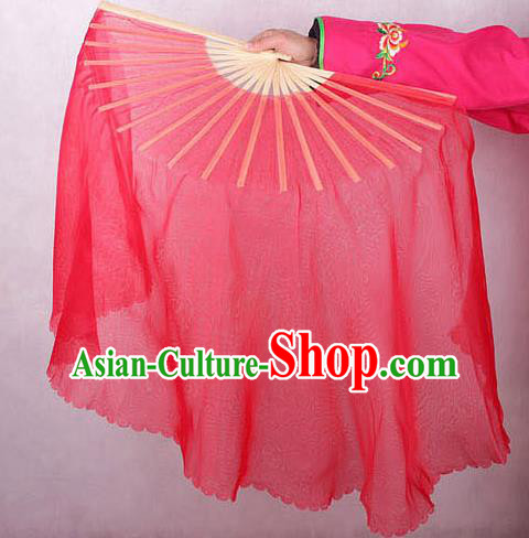 Chinese Handmade Folk Dance Red Ribbon Folding Fans Yangko Dance Classical Fans for Women
